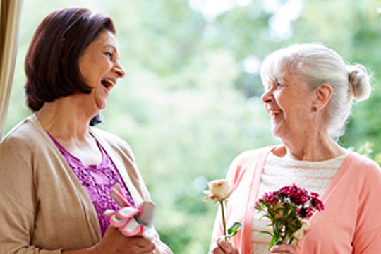 Photo of a volunteering sharing a joke with a resident.